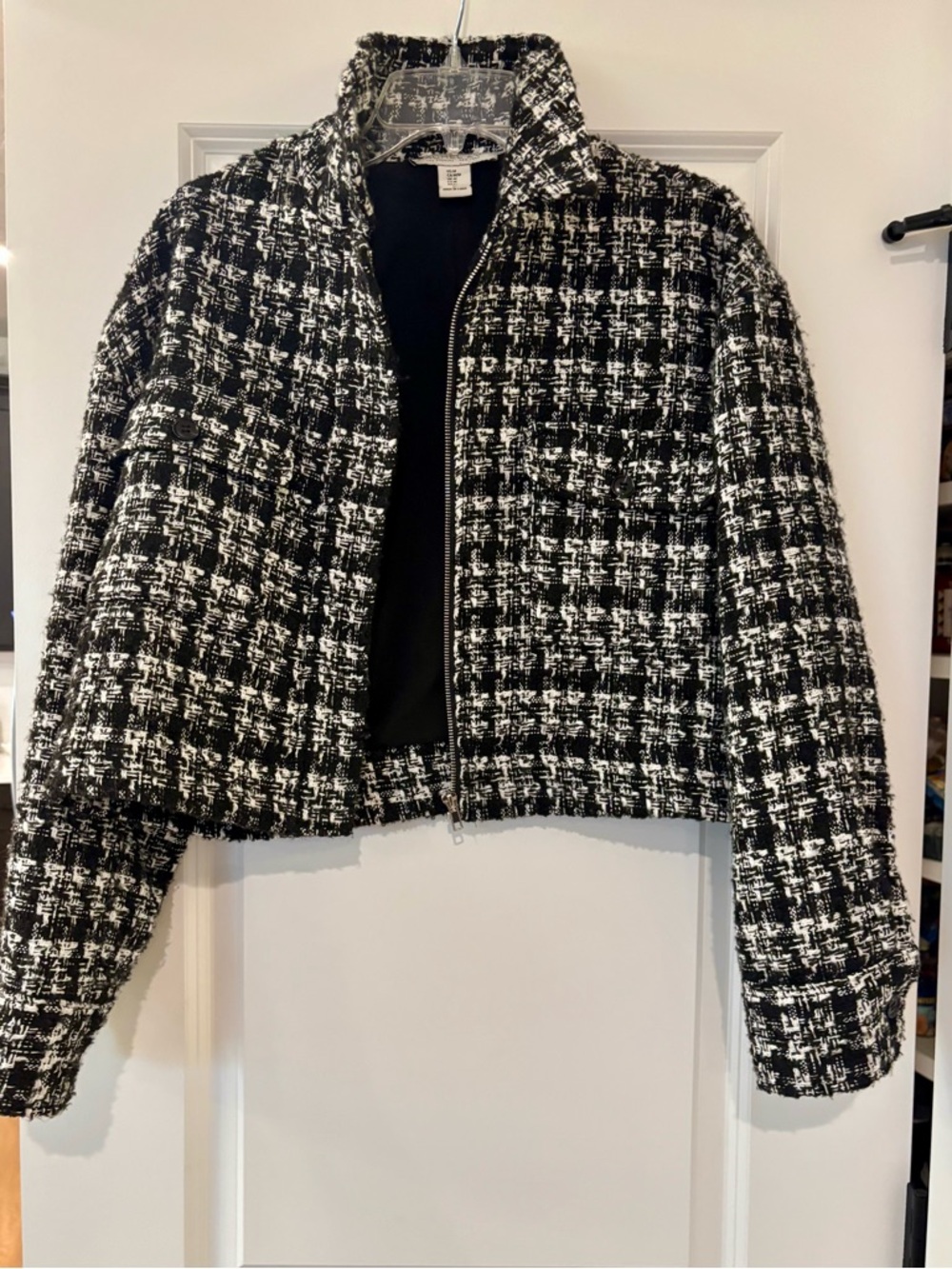 Rachel Zoe Black & White Tweed Zip Crop Blazer